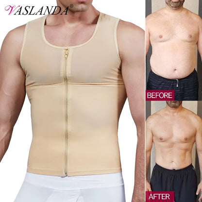 Mens Slimming Body Shaping Chest Compression Shirt - Undershirt Waist Trainer Belly Sweat Vest Workout Tank Tops