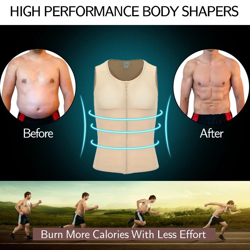 Mens Slimming Body Shaping Chest Compression Shirt - Undershirt Waist Trainer Belly Sweat Vest Workout Tank Tops