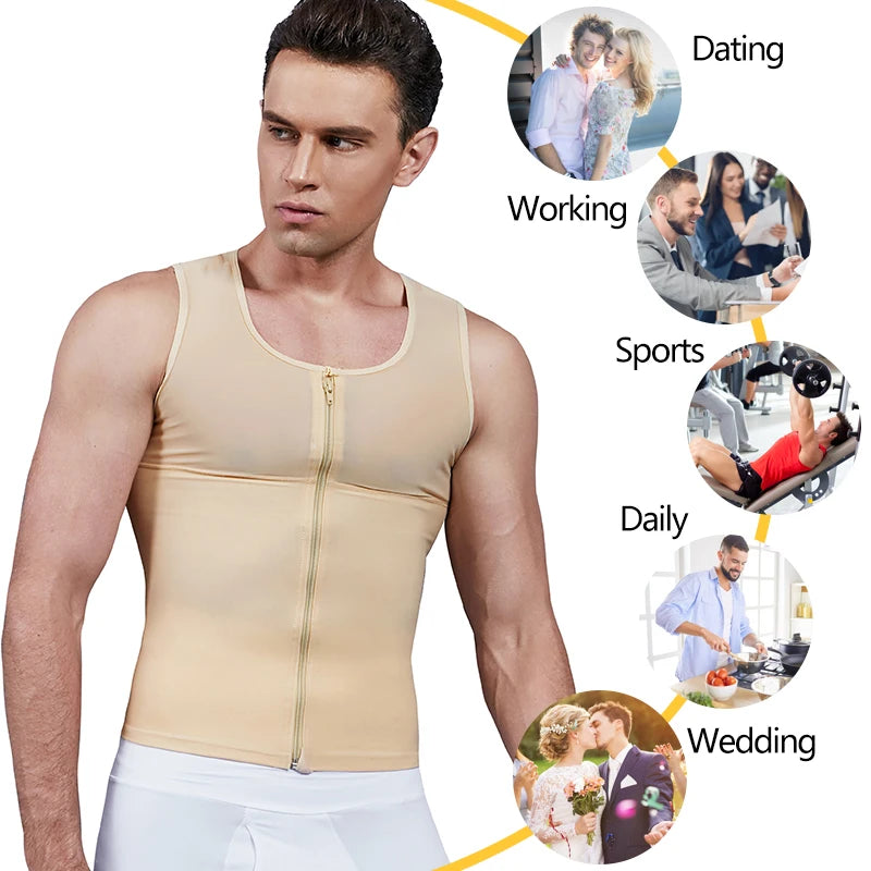 Mens Slimming Body Shaping Chest Compression Shirt - Undershirt Waist Trainer Belly Sweat Vest Workout Tank Tops